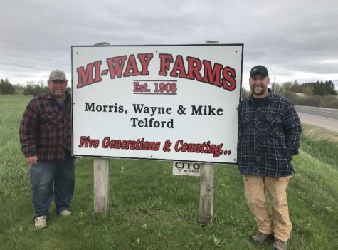 Two men stand between a wooden sign which reads "MI-WAY FARMS. Established 1908. Morris, Wayne & Mike Telford. Five Generations and counting"