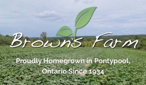 A large field. Text on top of the image reads "Brown's Farm. Proudly Homegrown in Pontypool, Ontario since 1934."