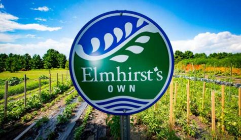 A round sign stands in front of a field with "Elmhirt's Own" written on it