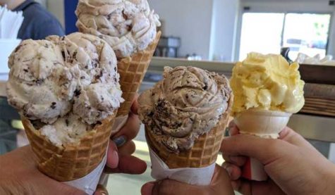 Four hands holding cream cones with ice cream in them