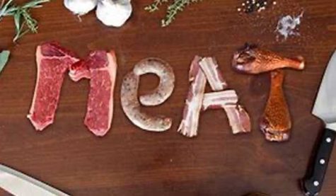 The word "MEAT" spelled out using pieces of meat