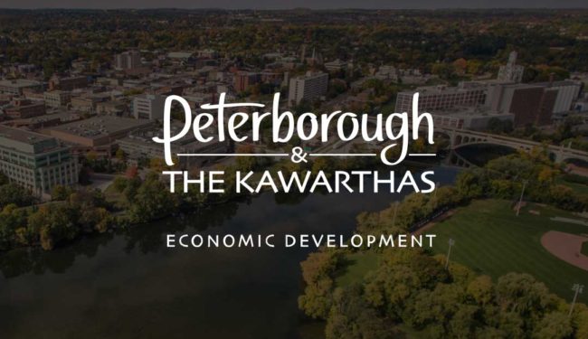 An aerial view of Peterborough & the Kawarthas. The Peterborough & the Kawarthas Economic Development logo is shown on top of the image.