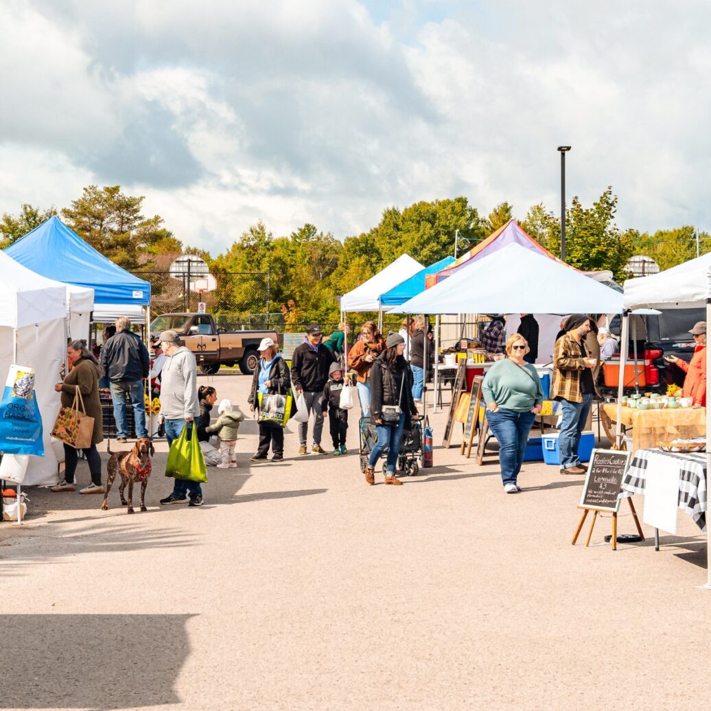 Wide angle of patrons walking through farmers market booths