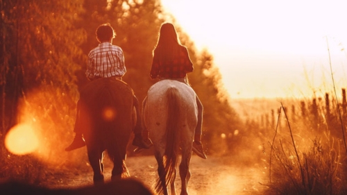 Two people seen from behind, riding horses